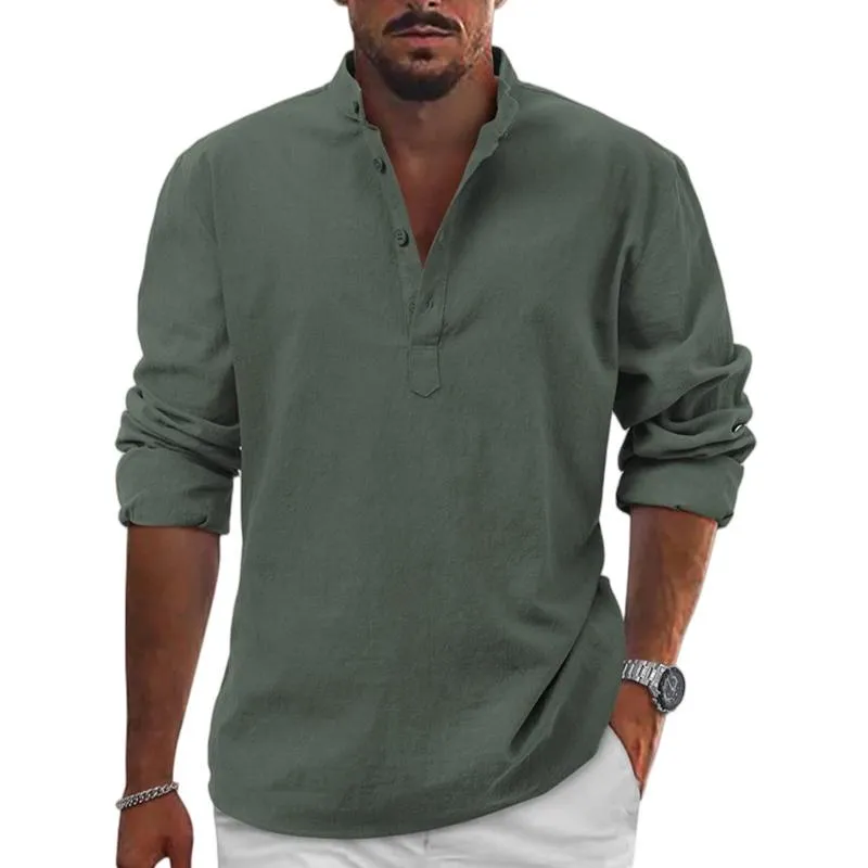 Men's Cotton And Linen Solid Henley Collar Long Sleeve Shirt 37752136Z sold by Manly product image thumbnail 4