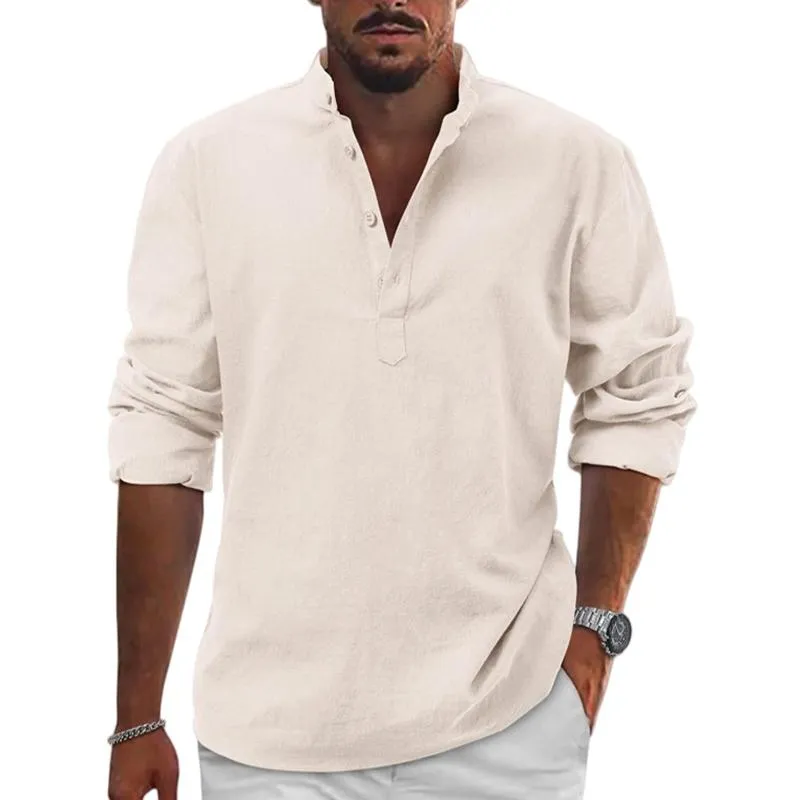 Men's Cotton And Linen Solid Henley Collar Long Sleeve Shirt 37752136Z sold by Manly product image thumbnail 5