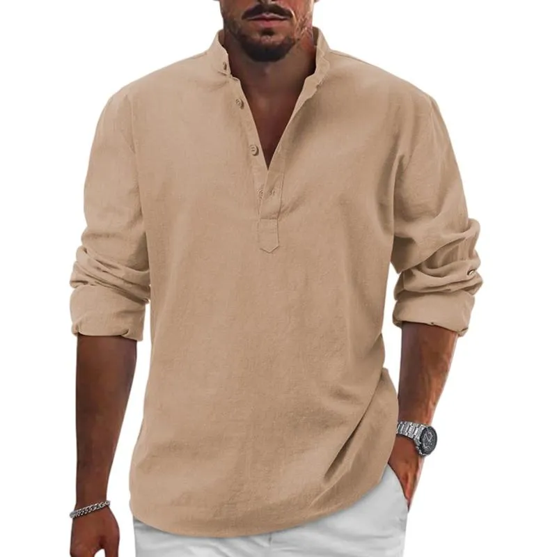 Men's Cotton And Linen Solid Henley Collar Long Sleeve Shirt 37752136Z sold by Manly product image thumbnail 2
