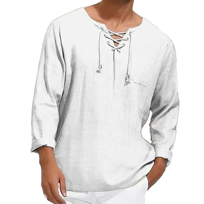 Men's Long-sleeved V-neck Tie Cotton Linen Loose Shirt 77767074X sold by Manly