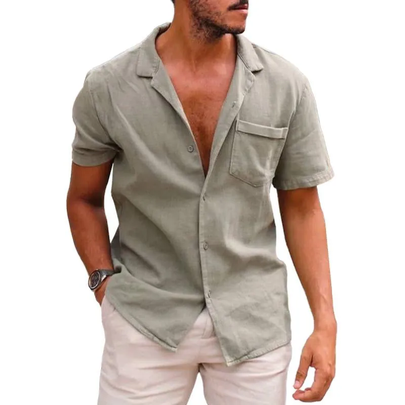 Men's Casual Solid Color Lapel Patch Pocket Short Sleeve Shirt 08536565M sold by Manly