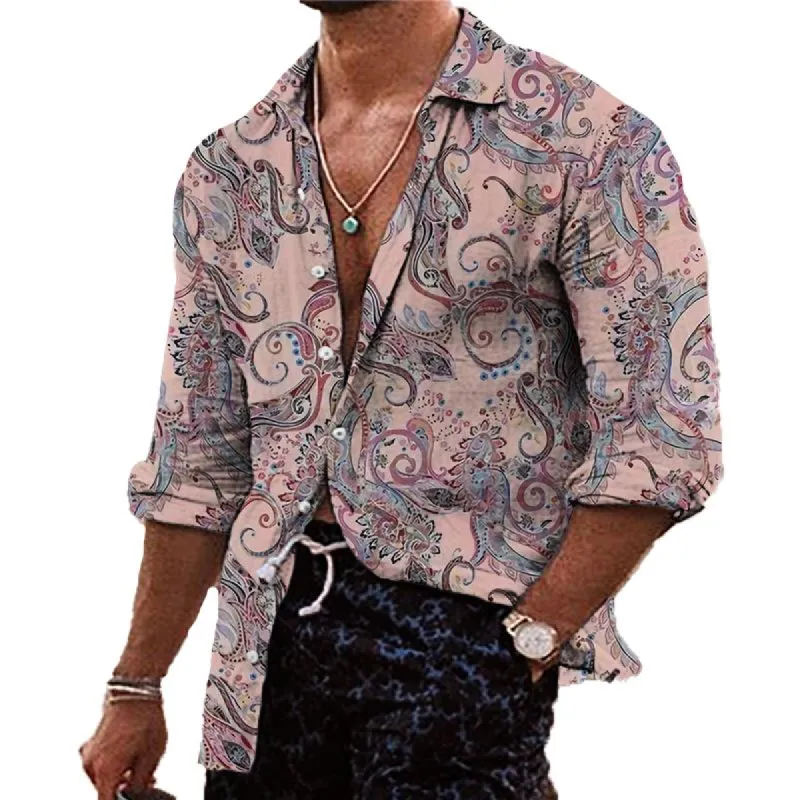 Men's Casual Paisley Print Lapel Long Sleeve Shirt 36094380Y sold by Manly