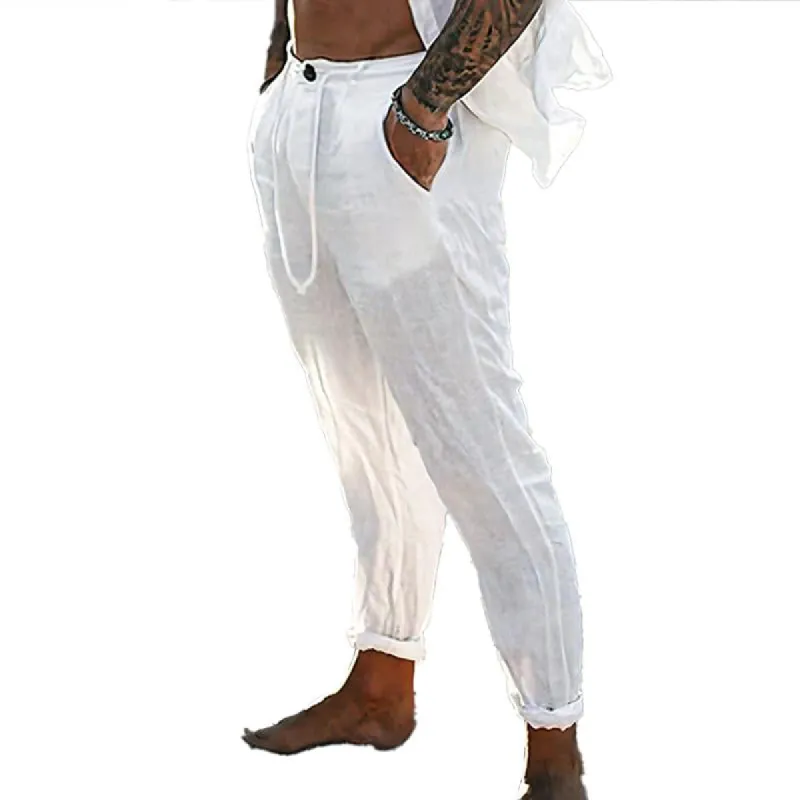 Men's Linen Solid Color Drawstring Buttoned Slant Pocket Pants 85147410X sold by Manly