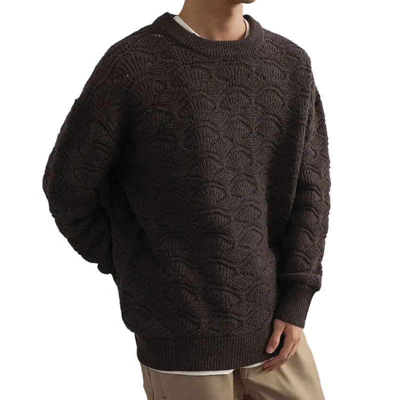 Men's Solid Color Shell Pattern Round Neck Loose Long Sleeve Sweater 32414232Z sold by Manly