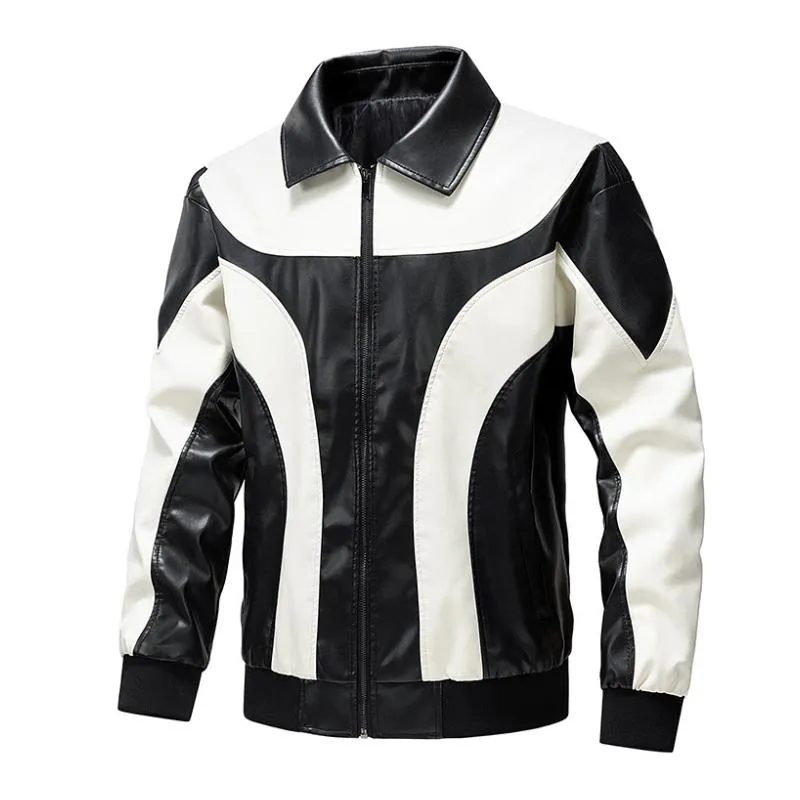 Men's Vintage Colorblock Lapel Zipper Slim Fit Motorcycle Leather Jacket 88377847M sold by Manly