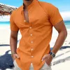 Men's Solid Color Cotton And Linen Stand Collar Short Sleeve Shirt 17744368Z sold by Manly