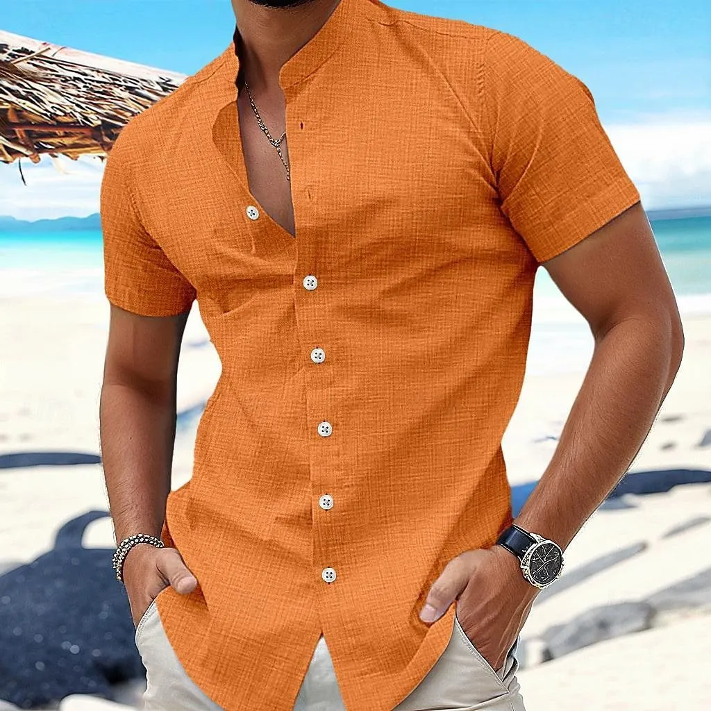 Men's Solid Color Cotton And Linen Stand Collar Short Sleeve Shirt 17744368Z sold by Manly product image thumbnail 4