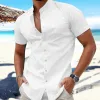 Men's Solid Color Cotton And Linen Stand Collar Short Sleeve Shirt 17744368Z sold by Manly