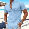 Men's Solid Color Cotton And Linen Stand Collar Short Sleeve Shirt 17744368Z sold by Manly