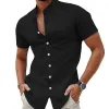 Men's Solid Color Cotton And Linen Stand Collar Short Sleeve Shirt 17744368Z sold by Manly