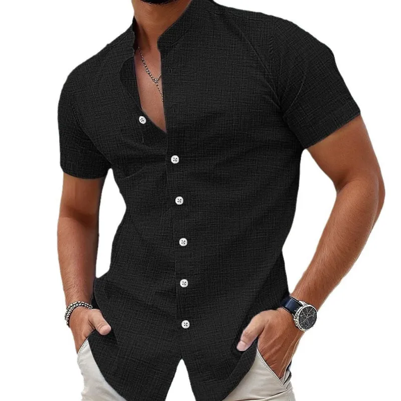 Men's Solid Color Cotton And Linen Stand Collar Short Sleeve Shirt 17744368Z sold by Manly