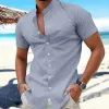 Men's Solid Color Cotton And Linen Stand Collar Short Sleeve Shirt 17744368Z sold by Manly