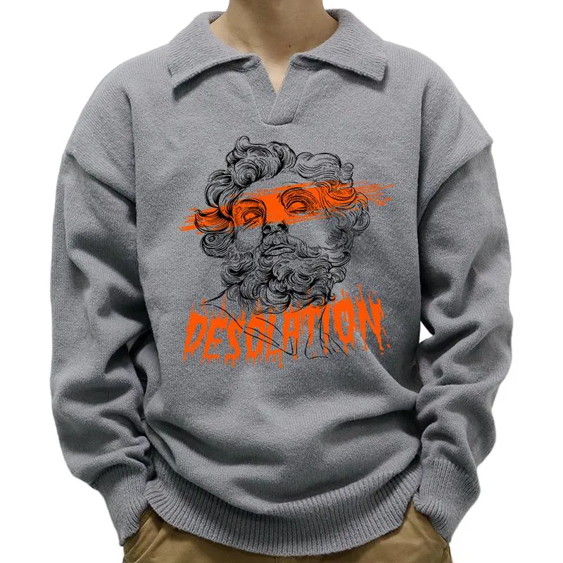 Men's Vintage Print Polo Collar Long Sleeve Pullover Sweater 52040341M sold by Manly product image thumbnail 2