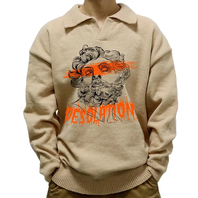 Men's Vintage Print Polo Collar Long Sleeve Pullover Sweater 52040341M sold by Manly