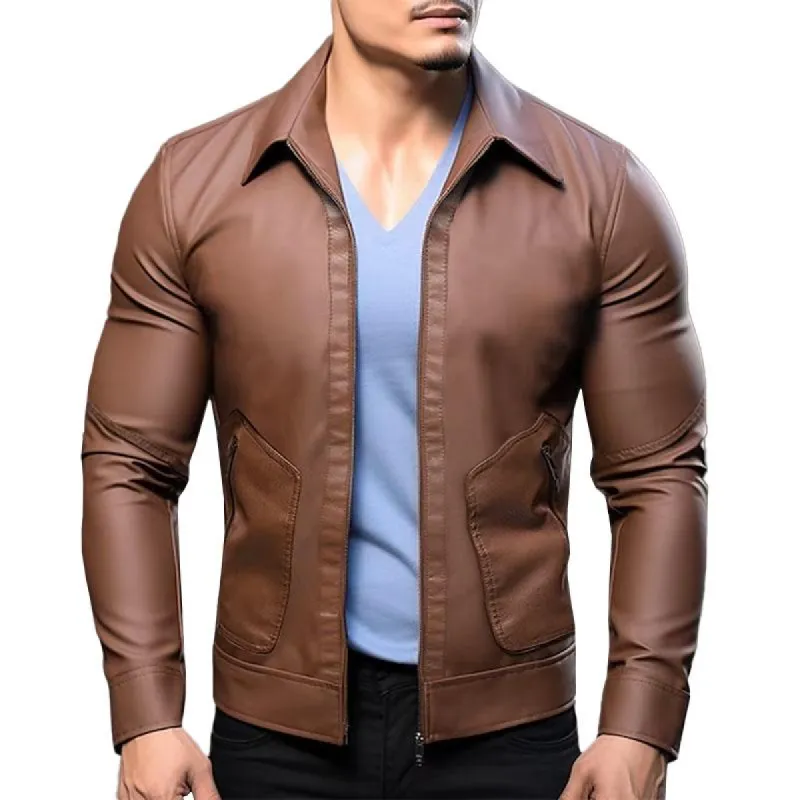 Men's Vintage Lapel Zipper Leather Biker Jacket 81837185M sold by Manly