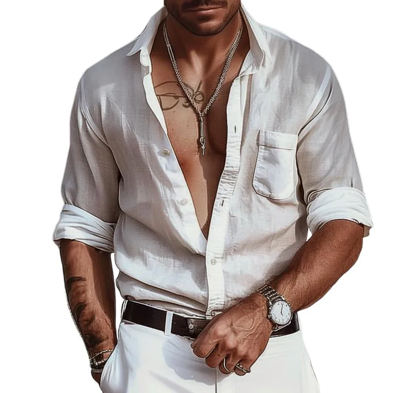 Men's Casual Cotton and Linen Pocket Shirt 16155389TO sold by Manly