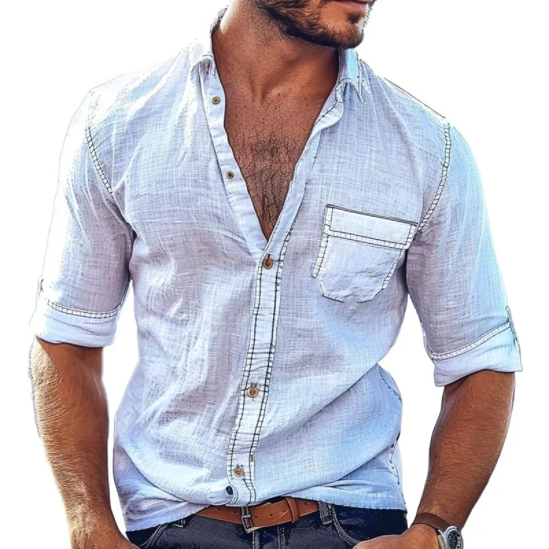 Men's Cotton and Linen Lapel Long Sleeve Shirt 62151507X sold by Manly