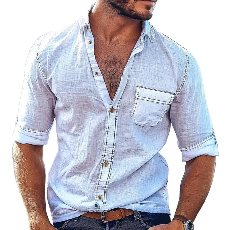 Men's Cotton and Linen Lapel Long Sleeve Shirt 62151507X sold by Manly