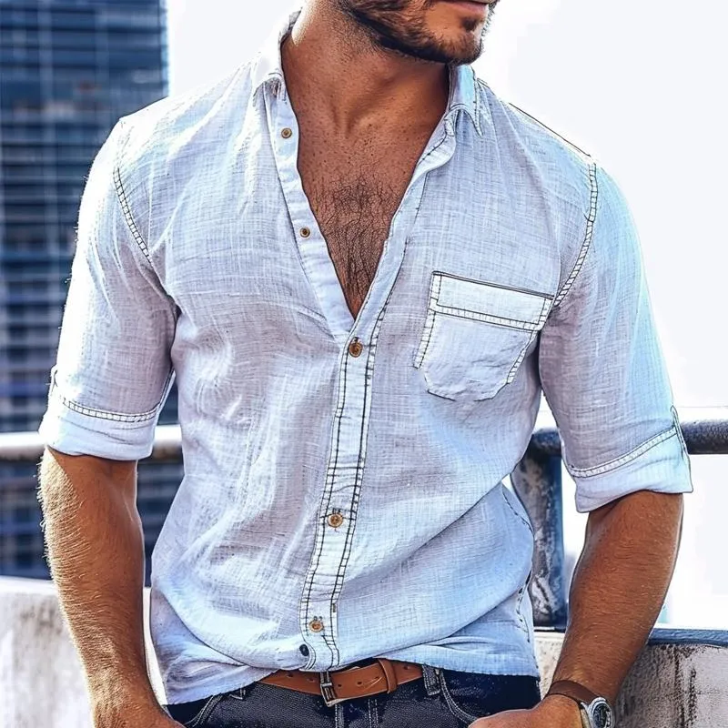 Men's Cotton and Linen Lapel Long Sleeve Shirt 62151507X sold by Manly product image thumbnail 2