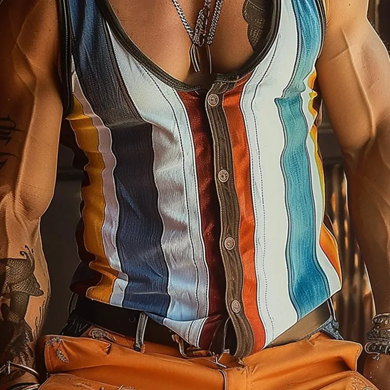 Men's Colorblock Stripe Print Single Breasted U-Neck Slim Fit Sleeveless Tank Top 58768528Y sold by Manly product image thumbnail 2