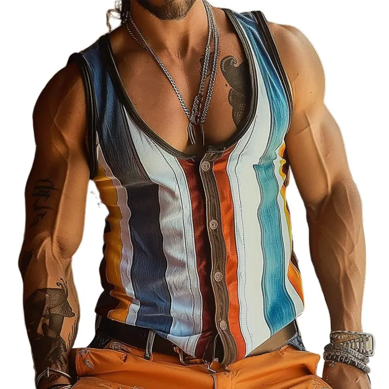 Men's Colorblock Stripe Print Single Breasted U-Neck Slim Fit Sleeveless Tank Top 58768528Y sold by Manly