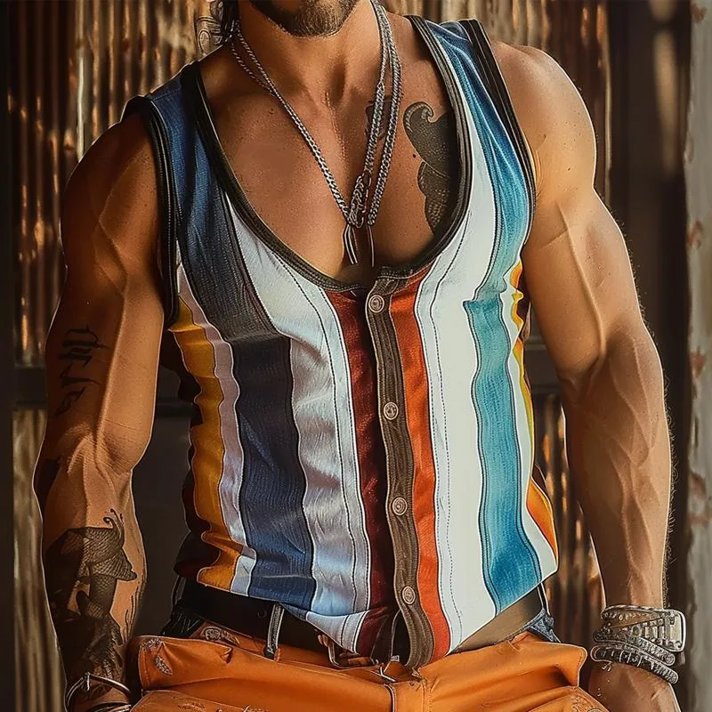 Men's Colorblock Stripe Print Single Breasted U-Neck Slim Fit Sleeveless Tank Top 58768528Y sold by Manly product image thumbnail 3