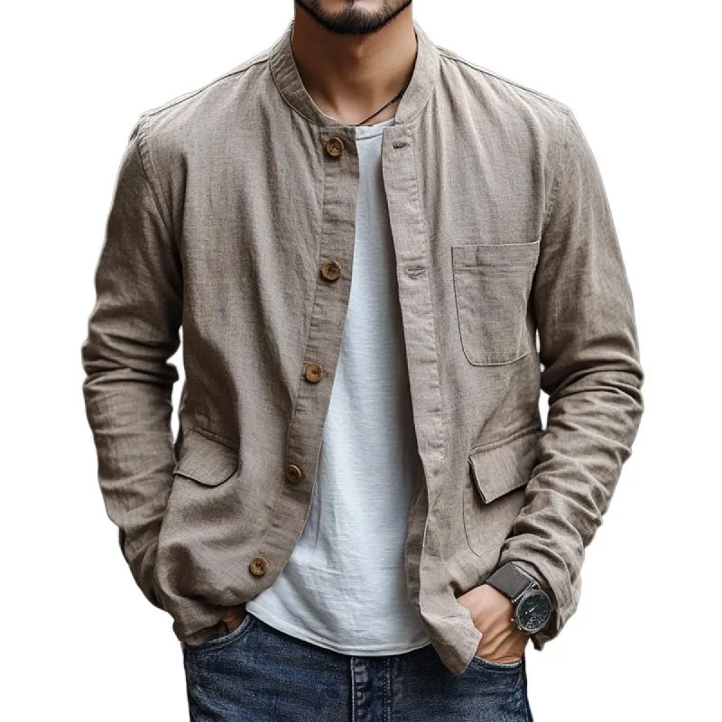 Men's Fashion Cotton And Linen Stand Collar Multi-pocket Casual Jacket 72132992Z sold by Manly