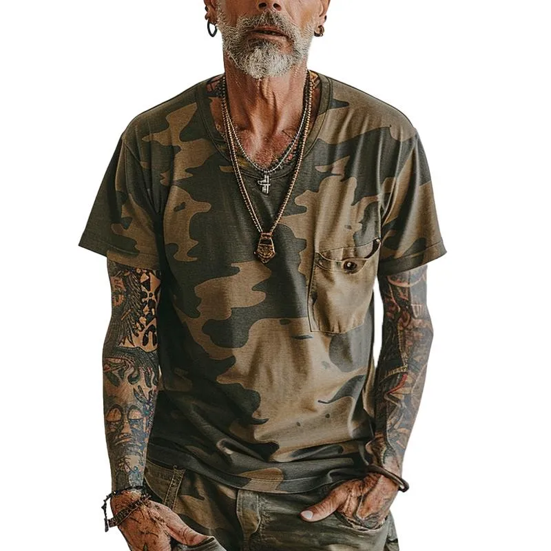 Men's Vintage Camo Print V-Neck Chest Pocket Short Sleeve T-Shirt 79510104Y sold by Manly
