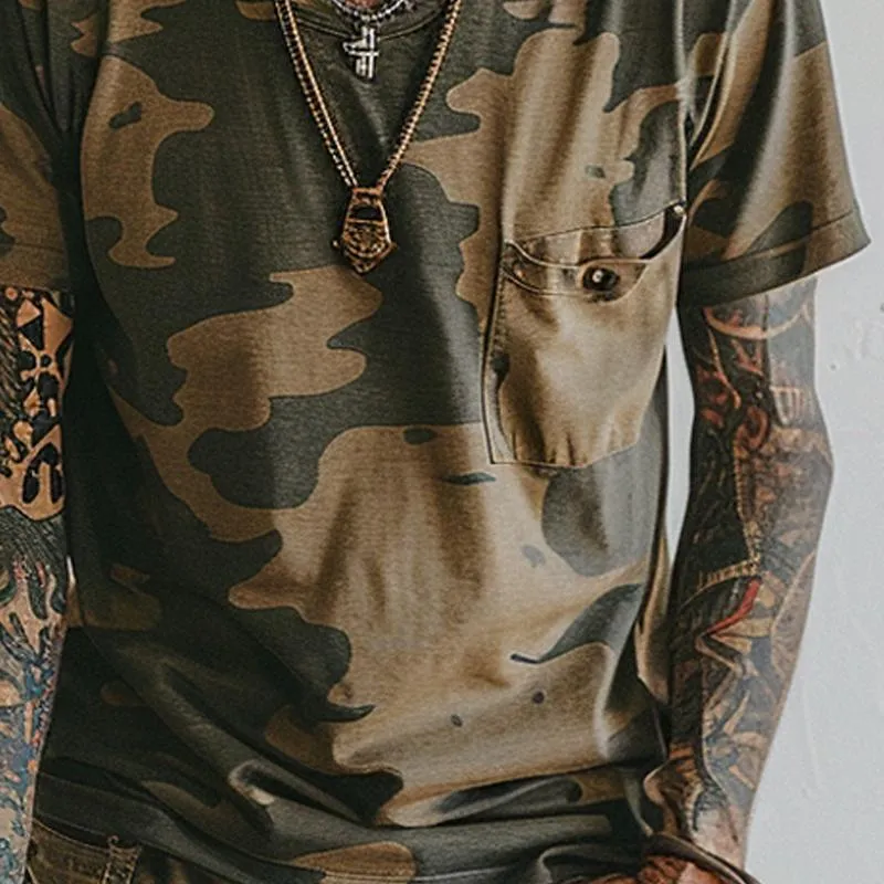Men's Vintage Camo Print V-Neck Chest Pocket Short Sleeve T-Shirt 79510104Y sold by Manly product image thumbnail 3