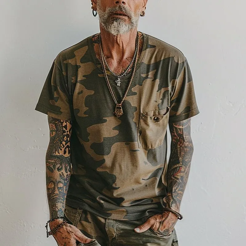 Men's Vintage Camo Print V-Neck Chest Pocket Short Sleeve T-Shirt 79510104Y sold by Manly product image thumbnail 2