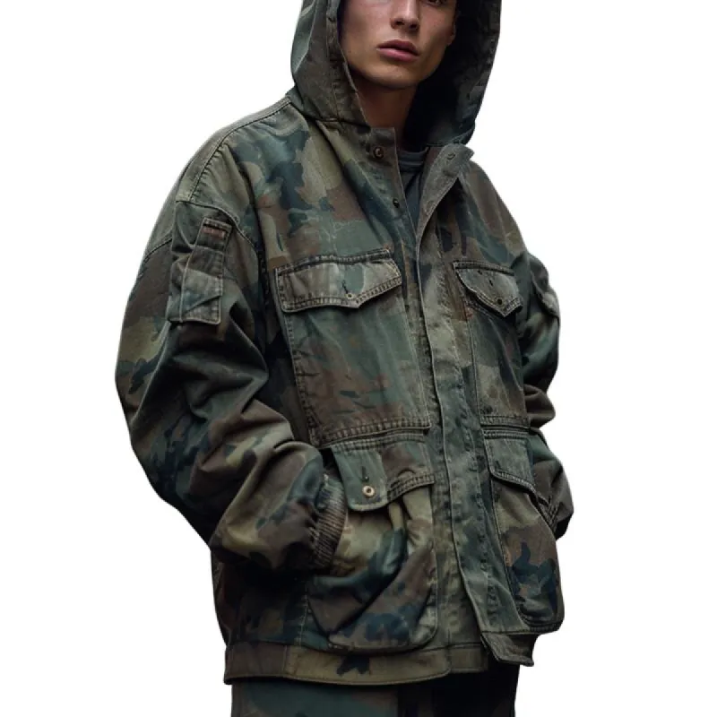 Men's Camouflage Multi-Pocket Button Hooded Jacket 76322053X sold by Manly