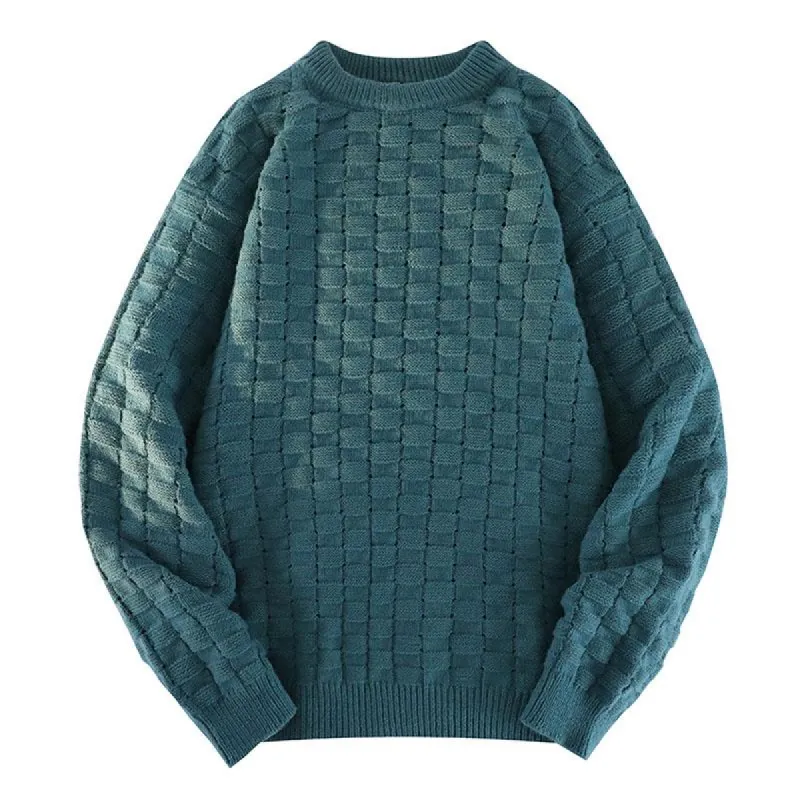 Men's Casual Solid Color Plaid Texture Loose Knitted Pullover Sweater 19842228M sold by Manly