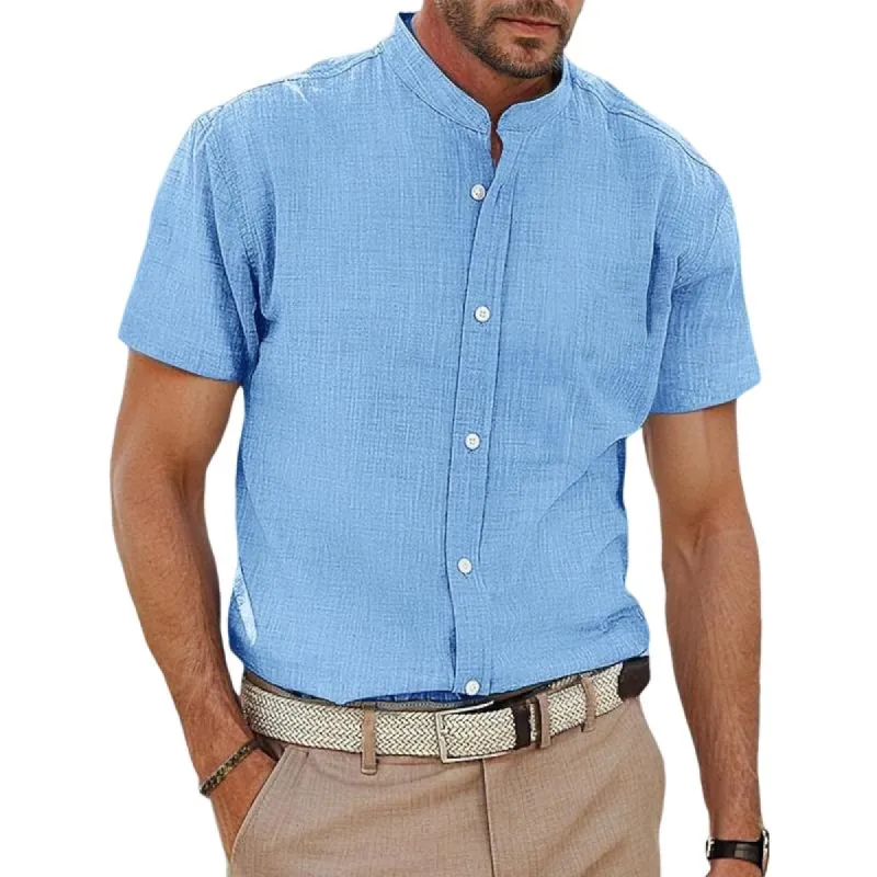 Men's Cotton And Linen Stand Collar Short-Sleeved Shirt 67625950Y sold by Manly