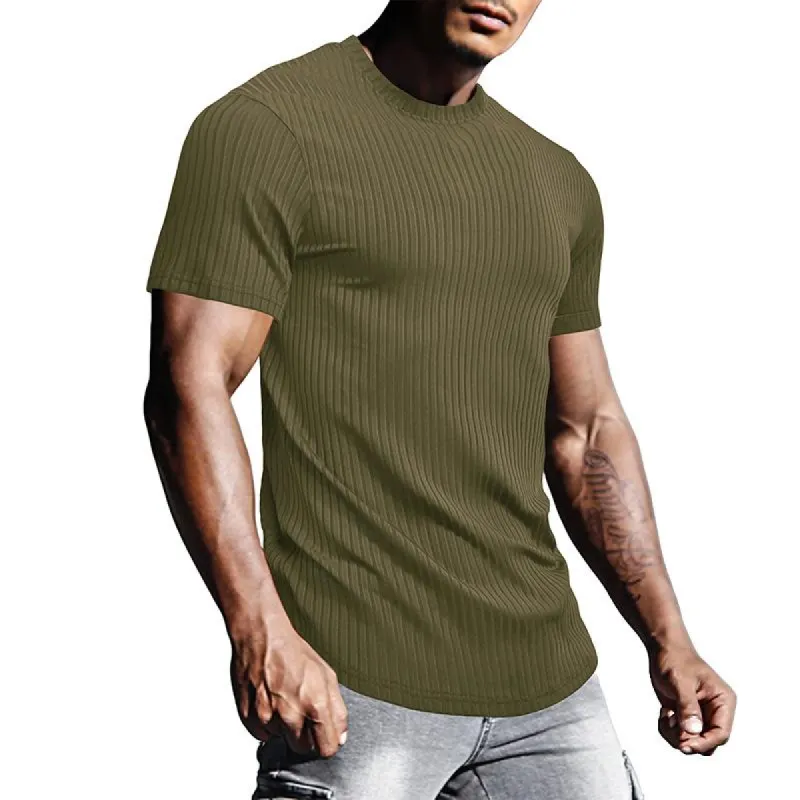 Men's Solid Striped Round Neck Short Sleeve Sports Fitness T-shirt 26384154Z sold by Manly