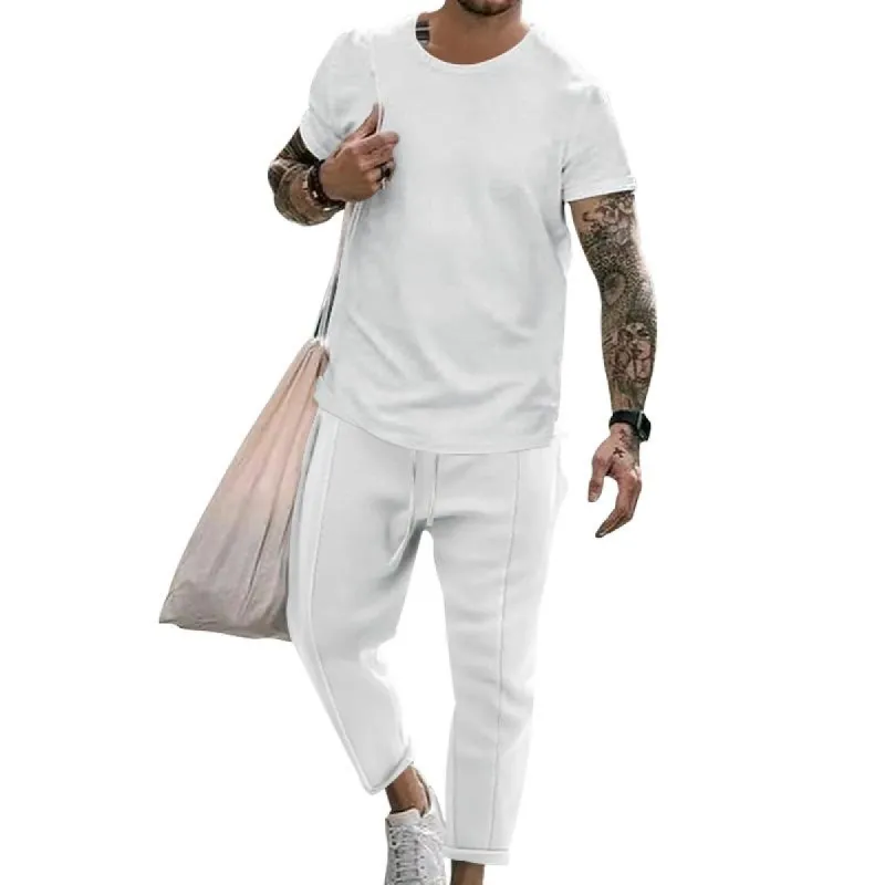 Men's Casual Round Neck Short Sleeve T-Shirt Pants Set 97643565M sold by Manly
