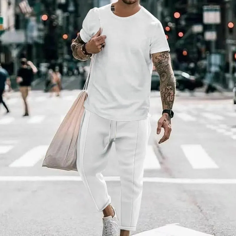 Men's Casual Round Neck Short Sleeve T-Shirt Pants Set 97643565M sold by Manly product image thumbnail 2