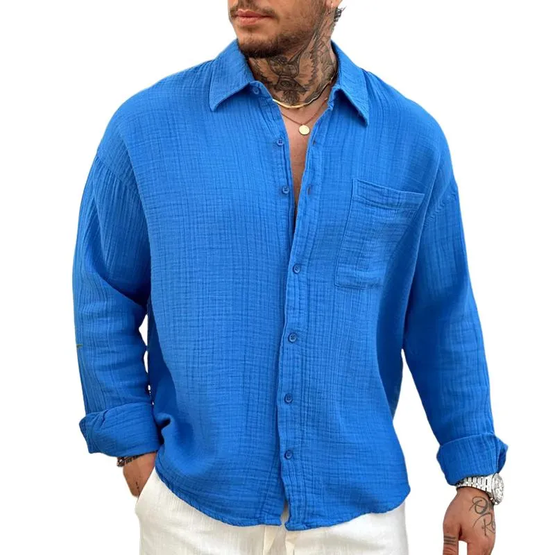 Men's Solid Cotton And Linen Lapel Chest Pocket Long Sleeve Shirt 85272882Z sold by Manly