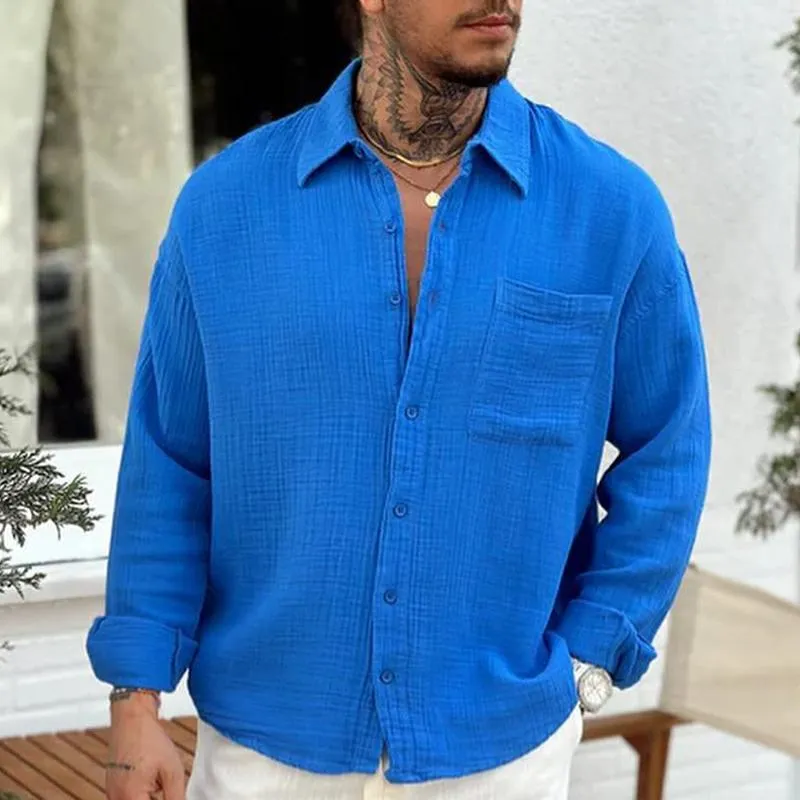 Men's Solid Cotton And Linen Lapel Chest Pocket Long Sleeve Shirt 85272882Z sold by Manly product image thumbnail 3