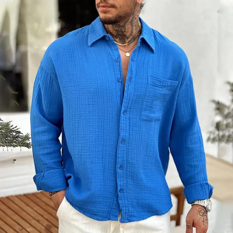 Men's Solid Cotton And Linen Lapel Chest Pocket Long Sleeve Shirt 85272882Z sold by Manly product image thumbnail 2