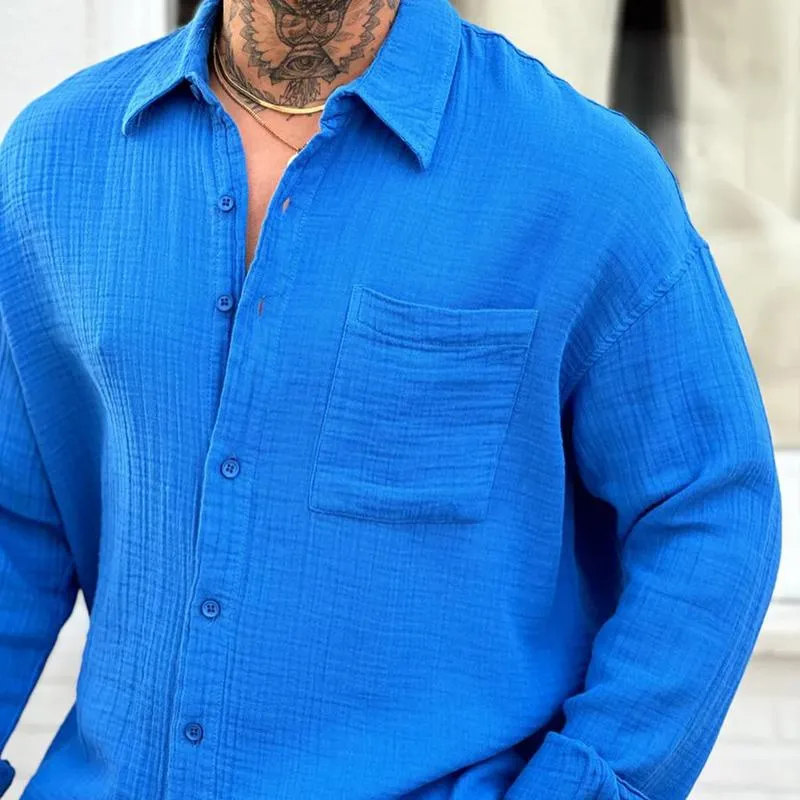 Men's Solid Cotton And Linen Lapel Chest Pocket Long Sleeve Shirt 85272882Z sold by Manly product image thumbnail 4