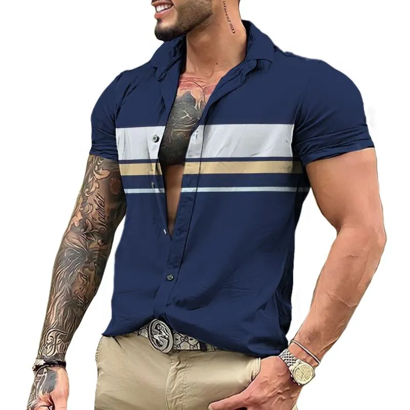 Men's Casual Simple Lapel Short Sleeve Shirt 07911845TO sold by Manly