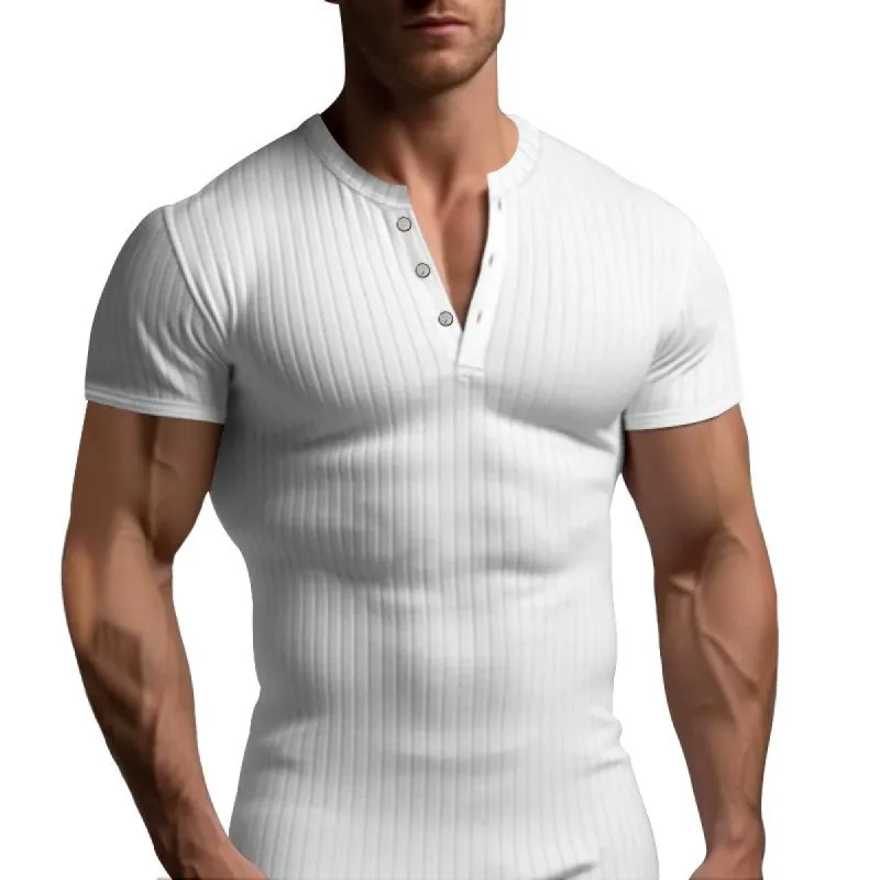 Men's Solid Knitted Striped Henley Collar Short Sleeve T-shirt 02584476Z sold by Manly