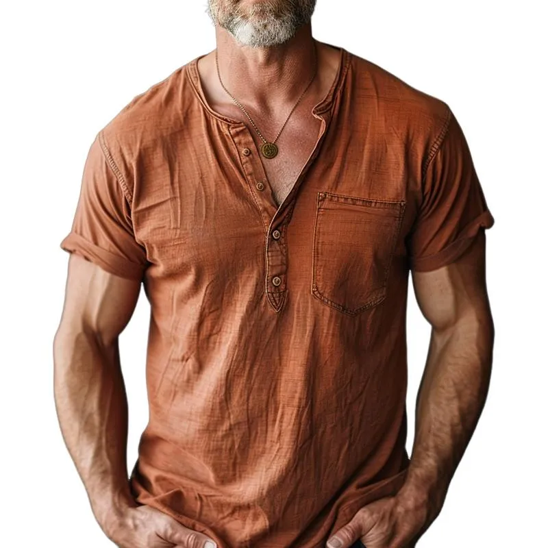 Men's Casual Cotton Washed Henley Collar Short Sleeve T-Shirt 31148344M sold by Manly