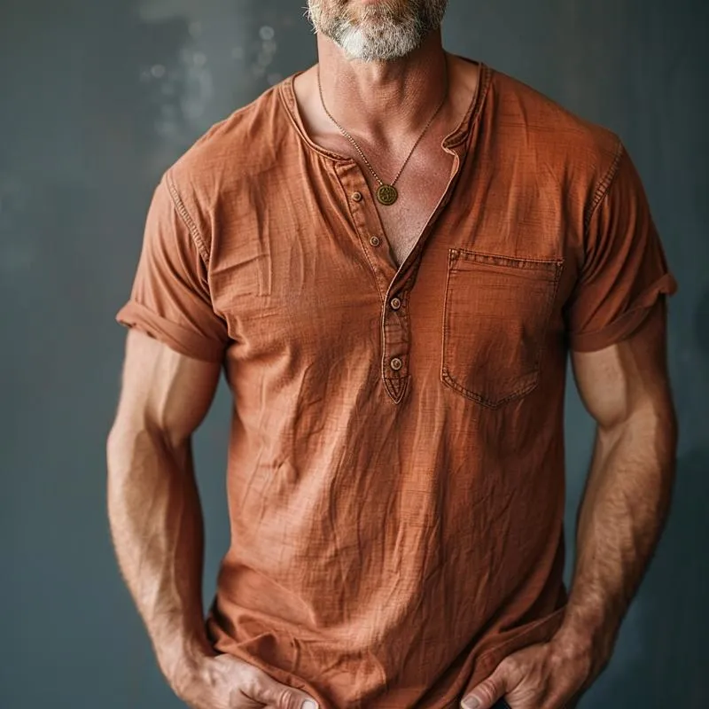 Men's Casual Cotton Washed Henley Collar Short Sleeve T-Shirt 31148344M sold by Manly product image thumbnail 2