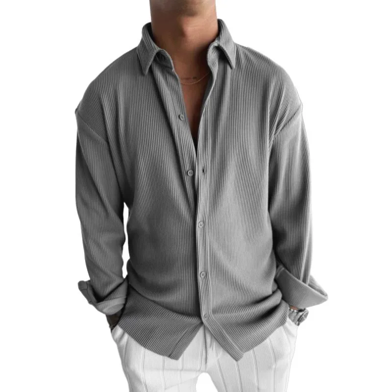 Men's Solid Color Pleated Loose Long Sleeve Shirt 05392146Y sold by Manly