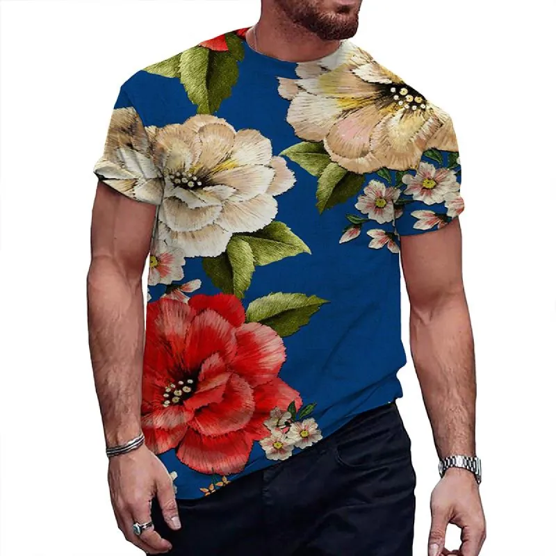 Men's Retro Floral Round Neck Printed Short-sleeved T-shirt 25807221TO sold by Manly