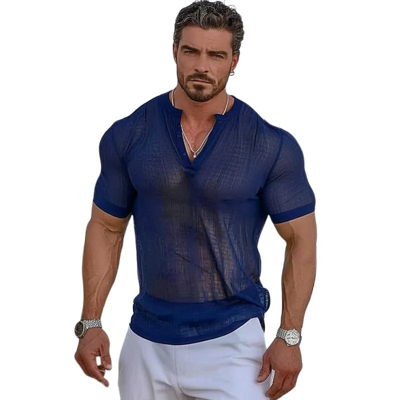 Men's Casual Sexy Henley Collar Short Sleeve T-Shirt 08958866TO sold by Manly