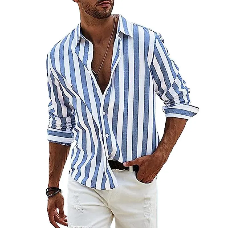 Men's Casual Striped Print Lapel Long Sleeve Shirt 44052774Y sold by Manly
