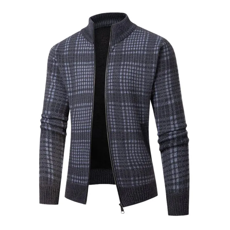 Men's Casual Stand Collar Plaid Fleece Slim Fit Knitted Zipper Jacket 27348177M sold by Manly