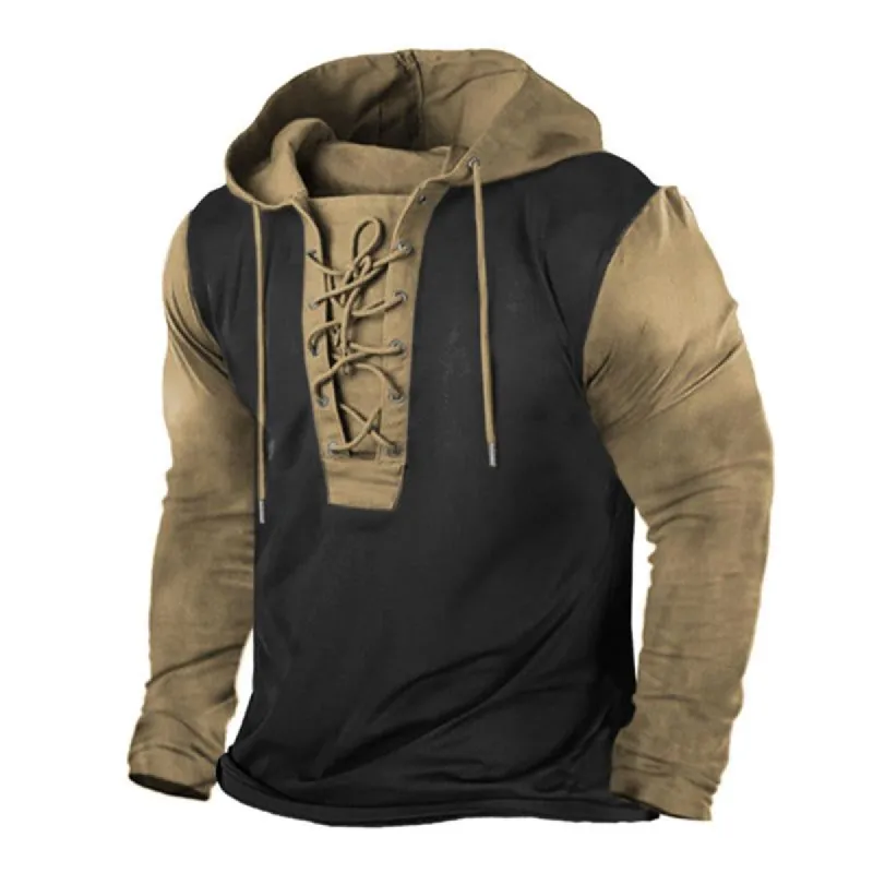 Men's Outdoor Vintage Colorblock Lace-Up Hooded Long Sleeve T-Shirt 16371422M sold by Manly